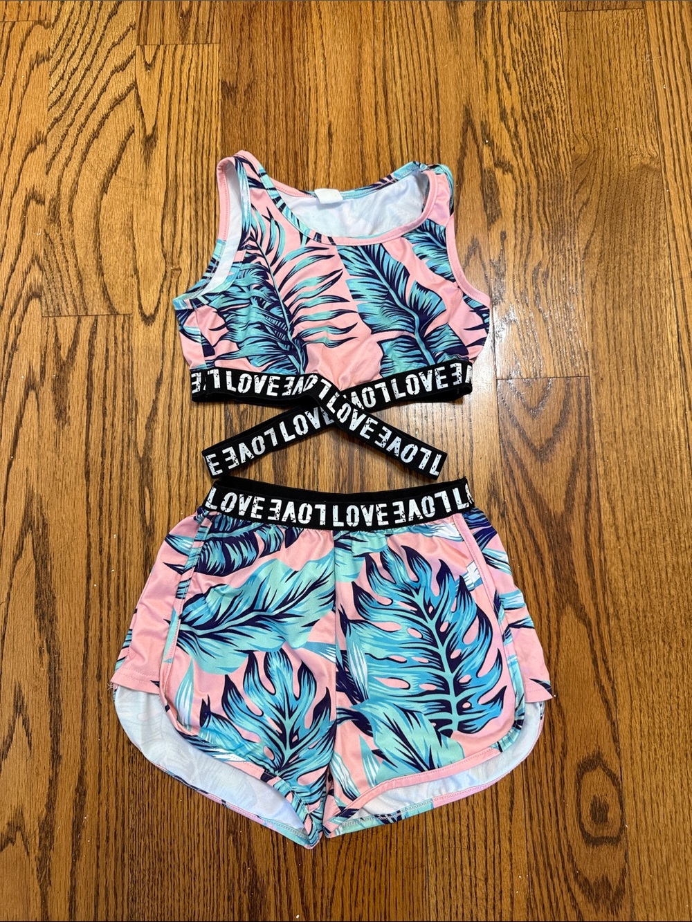 SHEIN Pink Tropical Leaf Active Shorts Set with Black 'LOVE' Waistband